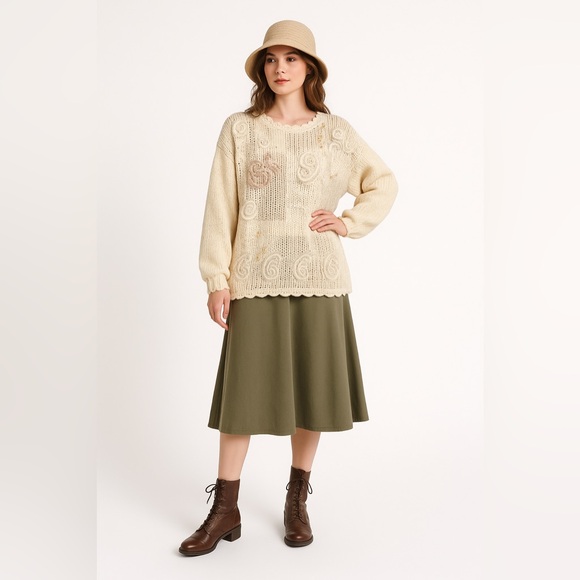 Vintage 80s Ramie Knit Sweater Embroidered Beaded Cream Pullover M Oversized - Picture 1 of 11